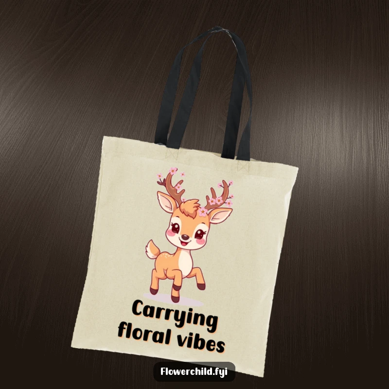 A smiling deer character with blossoms on its antlers, prancing playfully on a durable and stylish tote bag.