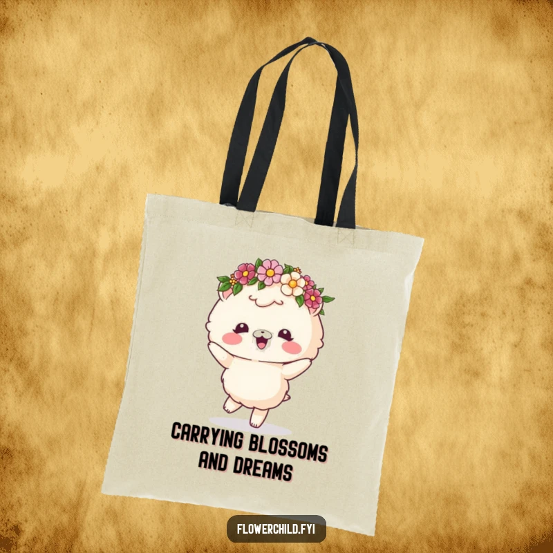 Funny tote bag with a fluffy animal wearing a flower crown, dancing energetically, perfect for carrying daily items.