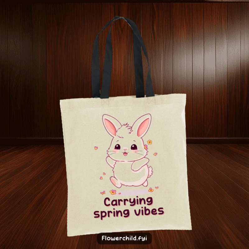 Funny Fluffy Bunny Flower Tote Bag: A fluffy bunny with petals in its fur skipping joyfully. Ideal for shopping and errands.