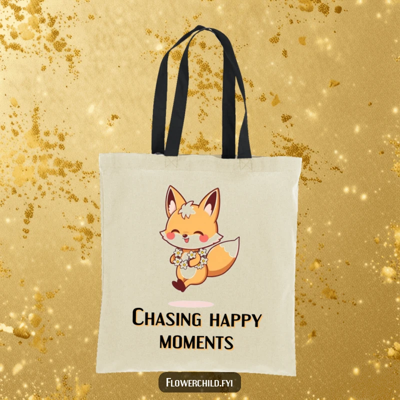 Funny Fox Tote Bag, featuring a joyful fox skipping with a daisy chain, ideal for shopping and daily use, a perfect funny gift.