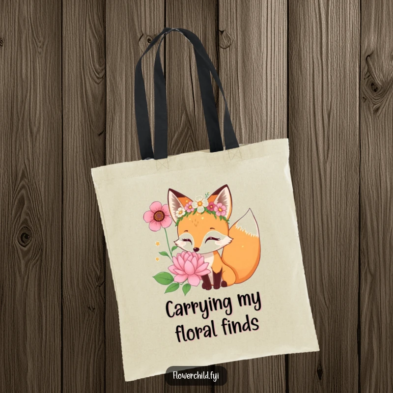 Funny curious fox character wearing a flower crown, sniffing a giant bloom, a chic tote for everyday use.