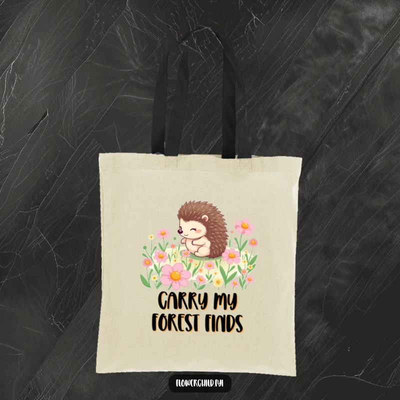 Funny tote bag showcasing a cheerful hedgehog character rolling merrily through a patch of blooming flowers, a delightful accessory.