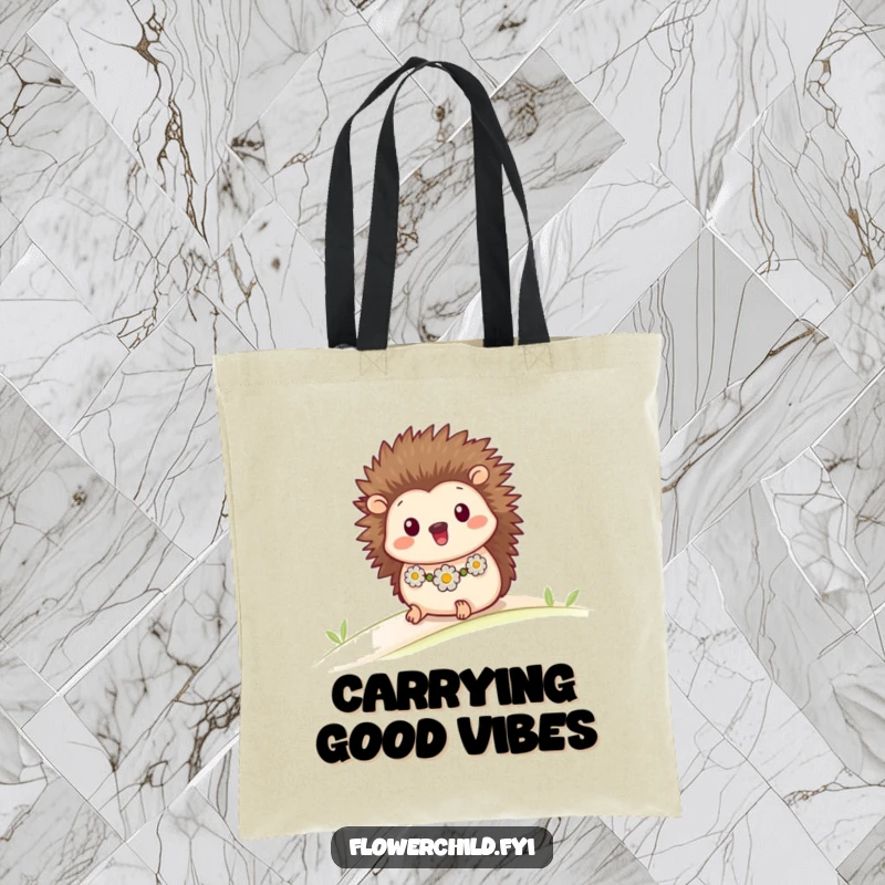 Funny tote bag featuring a happy hedgehog in a daisy chain, rolling downhill, perfect for carrying humor and essentials.