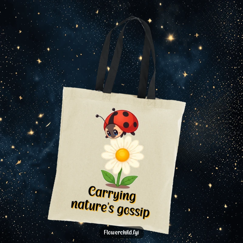 Funny ladybug tote bag showcasing a curious ladybug looking at a daisy, ideal for carrying essentials with a whimsical, nature-inspired vibe.