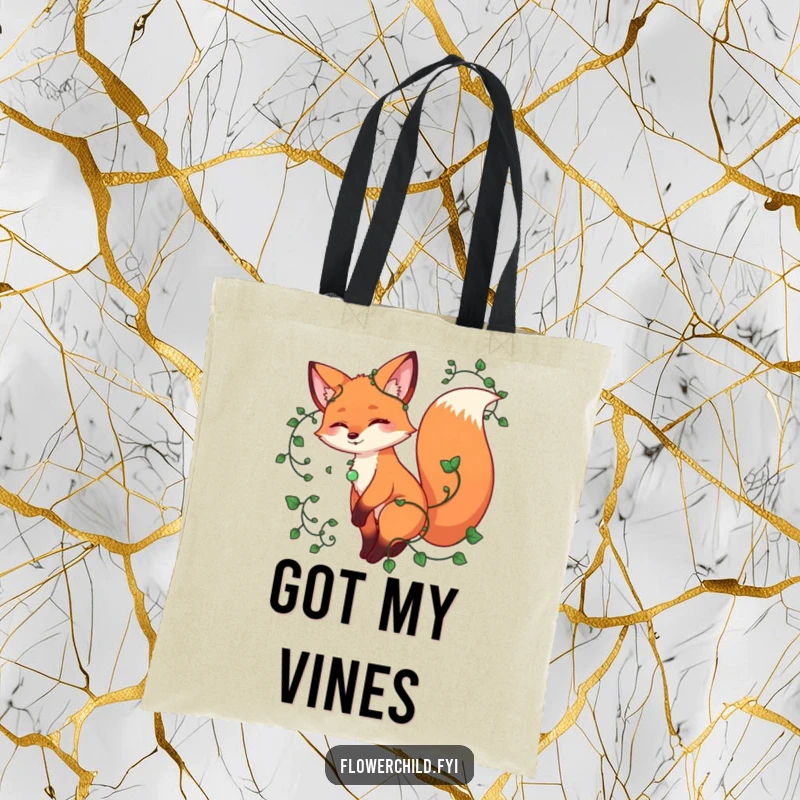 Funny fox tote bag, a playful fox twirling with vines entwined around its tail, showcasing a love for nature and freedom.