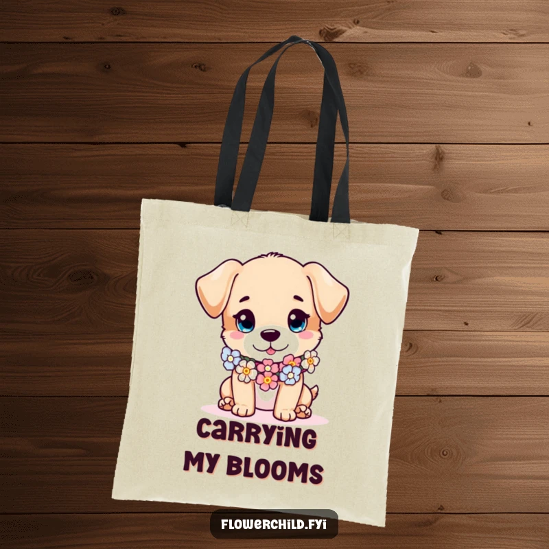 Funny puppy tote bag, a mischievous puppy wearing a flower garland like a scarf, practical and stylish for carrying daily items.