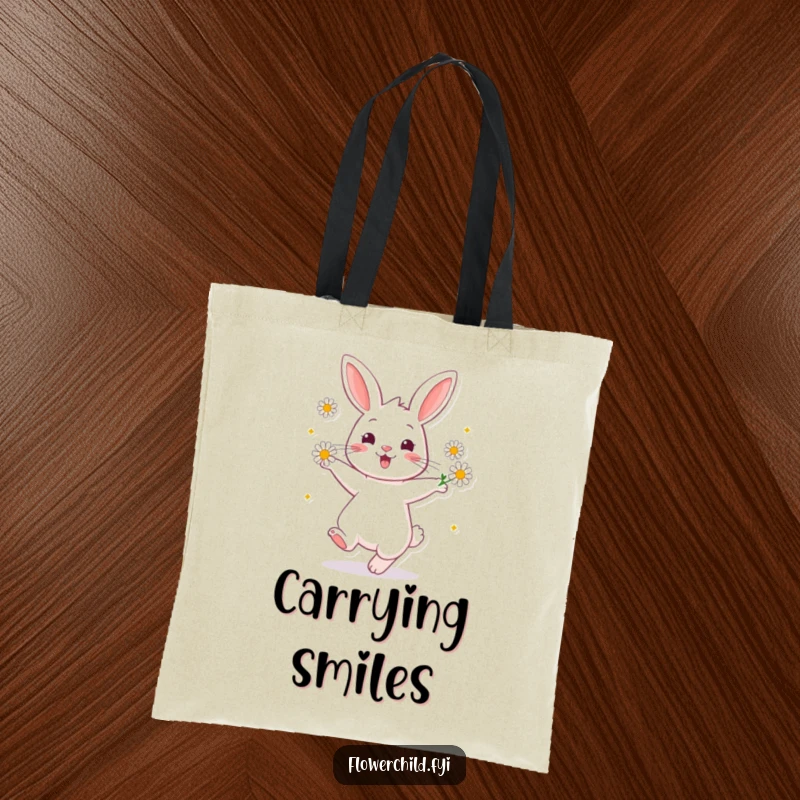 Funny Tote Bag featuring a cheerful rabbit twirling with daisies around its ears, perfect for shopping or errands.