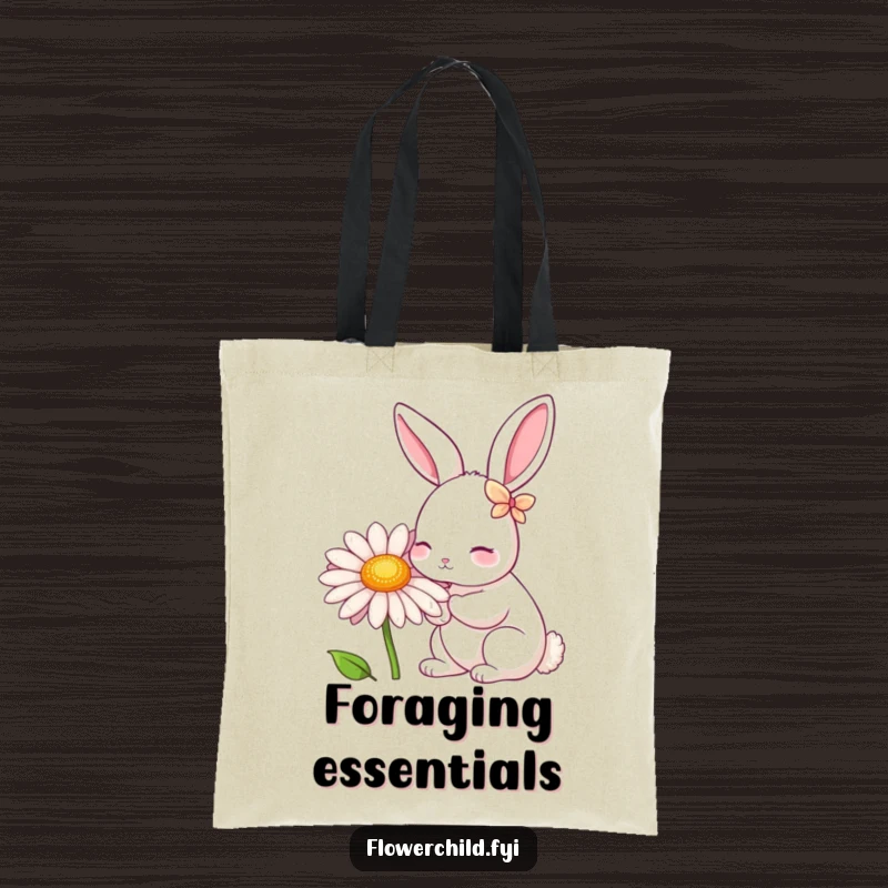 Funny Rabbit Daisy Nibbler Tote Bag: A rabbit with petal ears nibbles a giant daisy, perfect for carrying essentials with a smile.