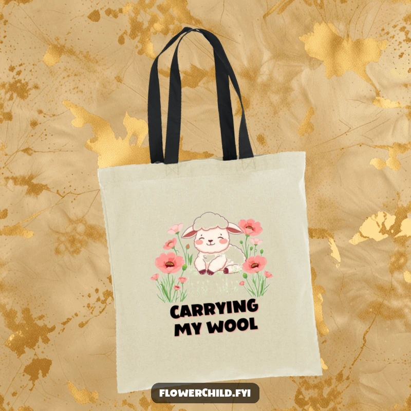 Funny sheep poppy tote bag, a content sheep resting peacefully amidst blooming poppies, ideal for carrying items with serene humor.