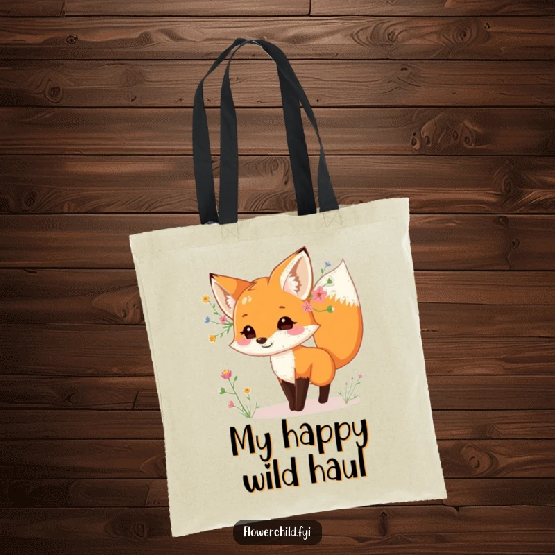 Funny fox tote bag, with wildflowers behind its ear, dancing playfully, practical and stylish, great funny gift.